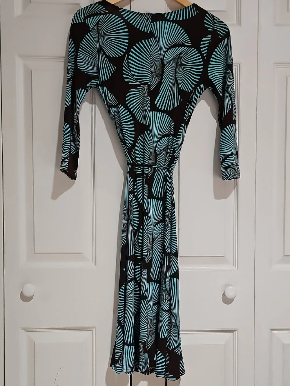 🌊 One Clothing Geometric Wrap Dress Teal & Brown Stretchy Flowy Chic - Picture 7 of 7